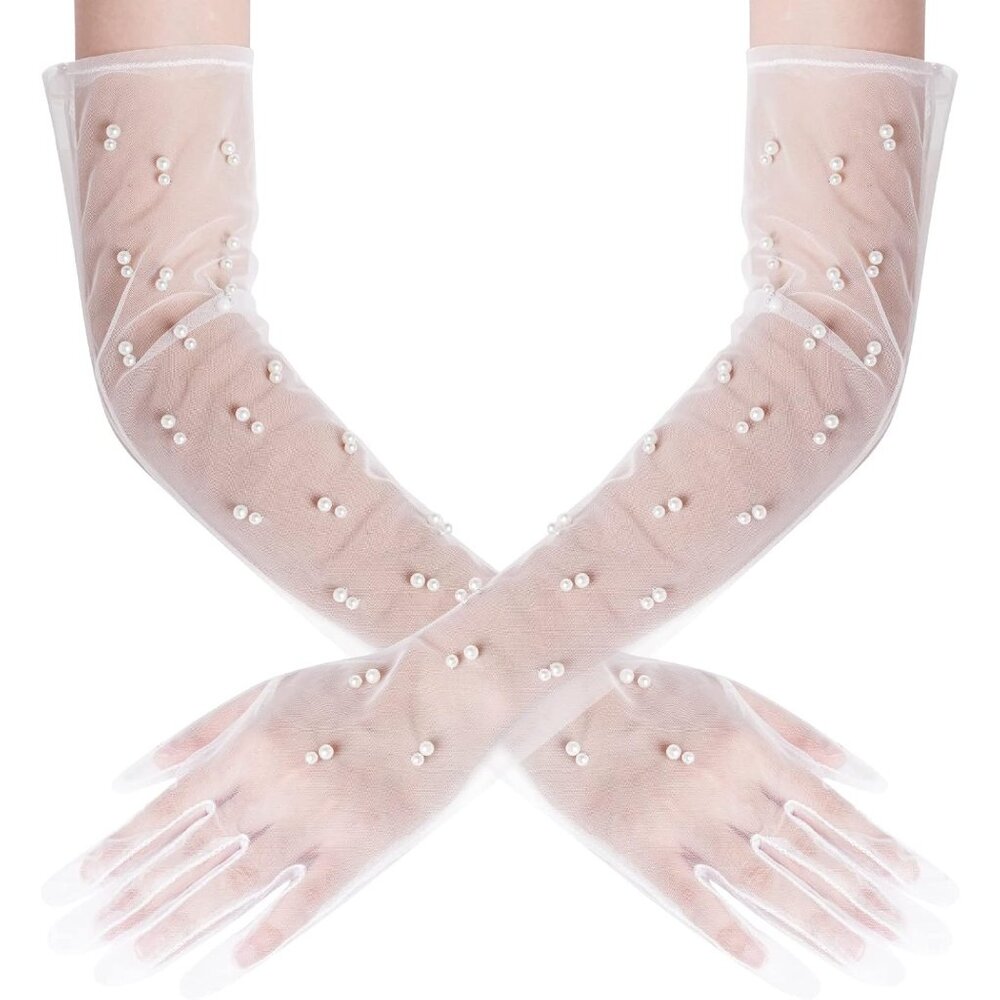 Women's White Tulle Pearl Mesh Sheer Gloves Bridal Wedding Party Prom